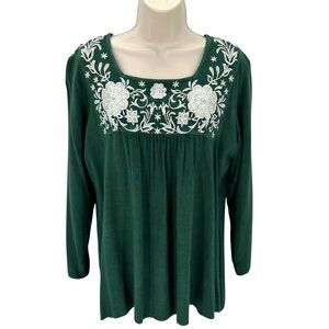 Just Cruising Womens Boho Green White Embroidery Square Neck Blouse Free Size